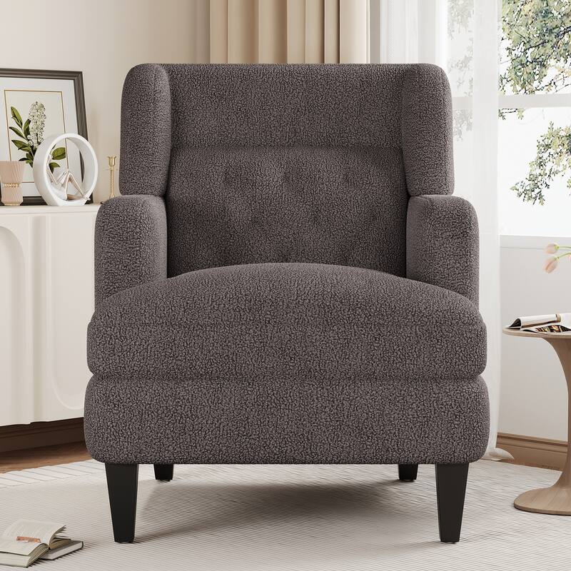 Teddy Fleece Fabric Upholstered Accent Chair, Ergonomic Living Room Club Chair, Lounge Armchair with Tufted Back & Solid Legs