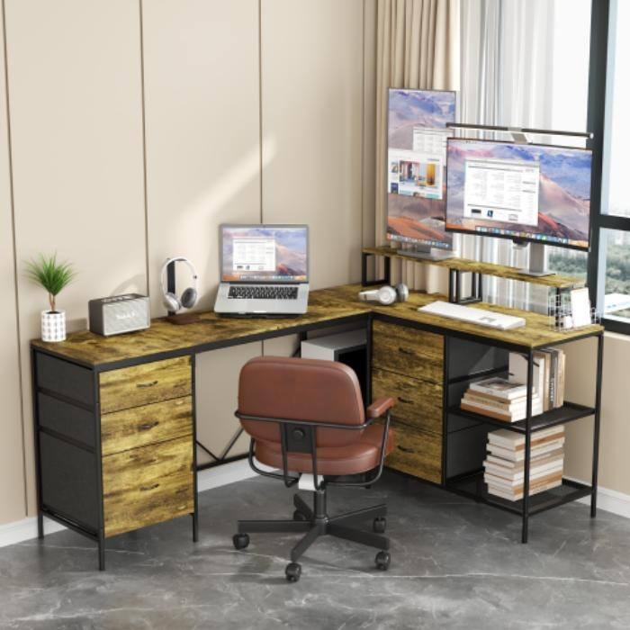 Industrial L-Shaped Desk with Power Outlets, 6 Fabric Drawers & 3 Shelves, Large Corner Office Gaming Desk