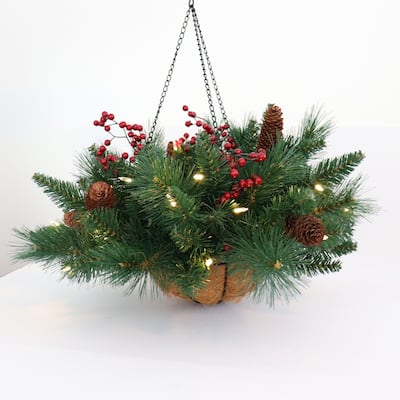 Traditional Woodland Berry 18" Dual Color LED Lighted Hanging Basket