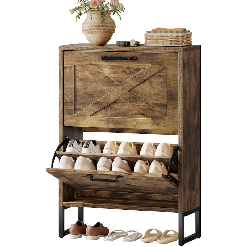 Moasis Shoe Storage Cabinet with 2 Flip Drawers Narrow Shoes Rack Organizer - Rustic Brown