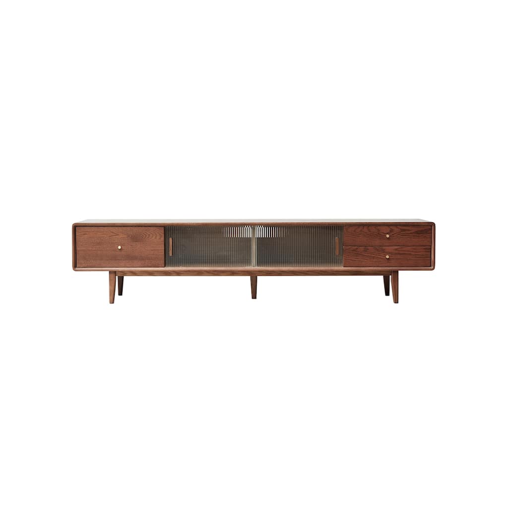 Modern TV Stand Solid Red Oak Wood TV Stand with Changhong Glass Doors, 2 Drawers and Storage Space, for Living Rooms, Walnut