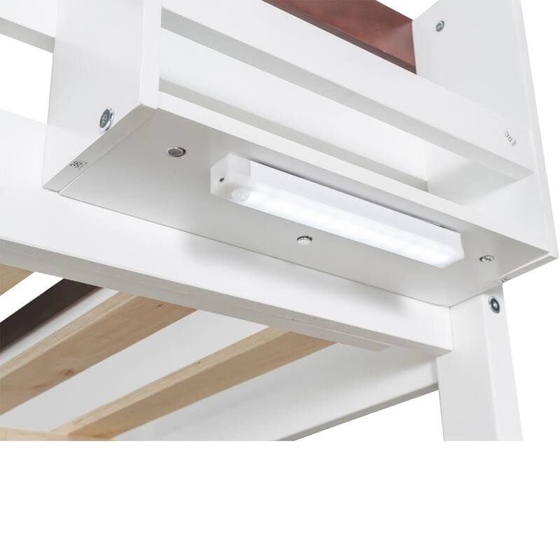 Queen Size Pinewood Bunk Bed with Built-in Shelves, Storage Box, LED Lights and USB Charging Station