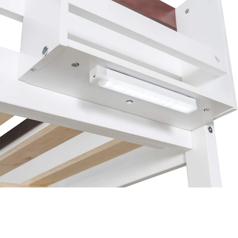 Queen Size Wooden Bunk Bed with Shelves, Storage Box, LED Light, and USB Charging Station