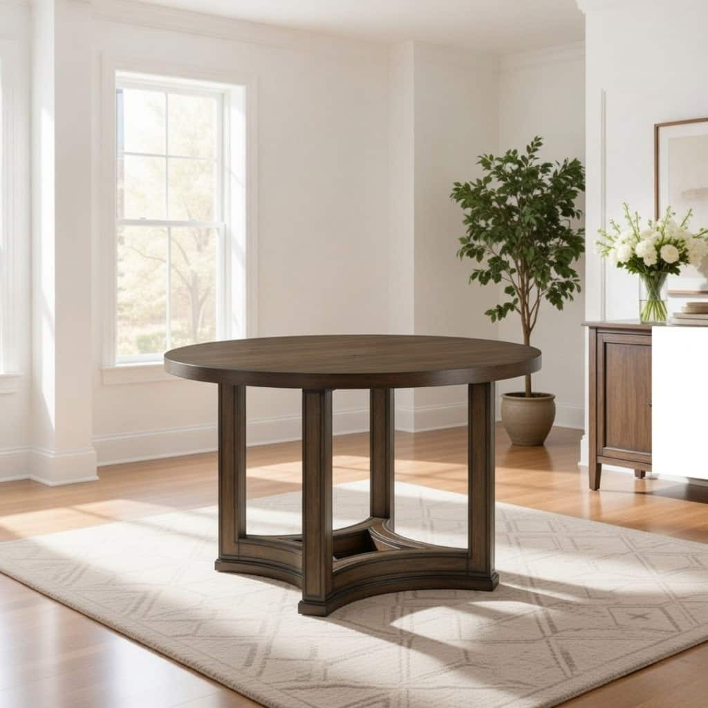 Stacy 47 Inch Dining Table, Round Tabletop, Rubberwood, Weathered Oak