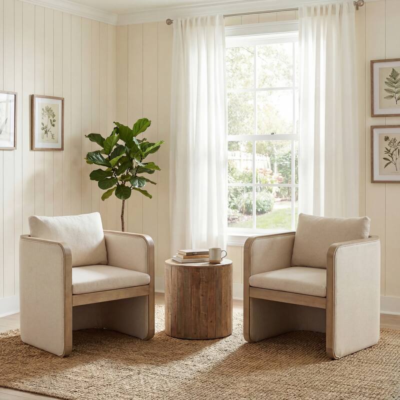 Christopher Knight Home Thaloren Upholstered Rubberwood Accent Arm Chairs - Beige + Natural Ash