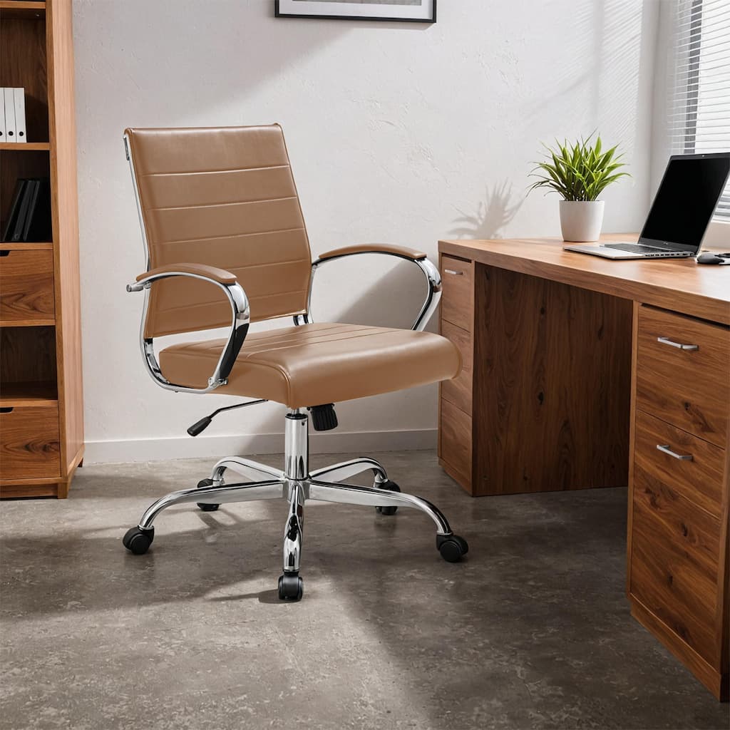 Benmar Modern Leather Ribbed Executive Office Chair with Chrome Frame, Adjustable Height, 360° Swivel, and Rolling Casters