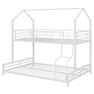 Twin Over Full Metal House Bunk Bed with Sloping Stairs, White
