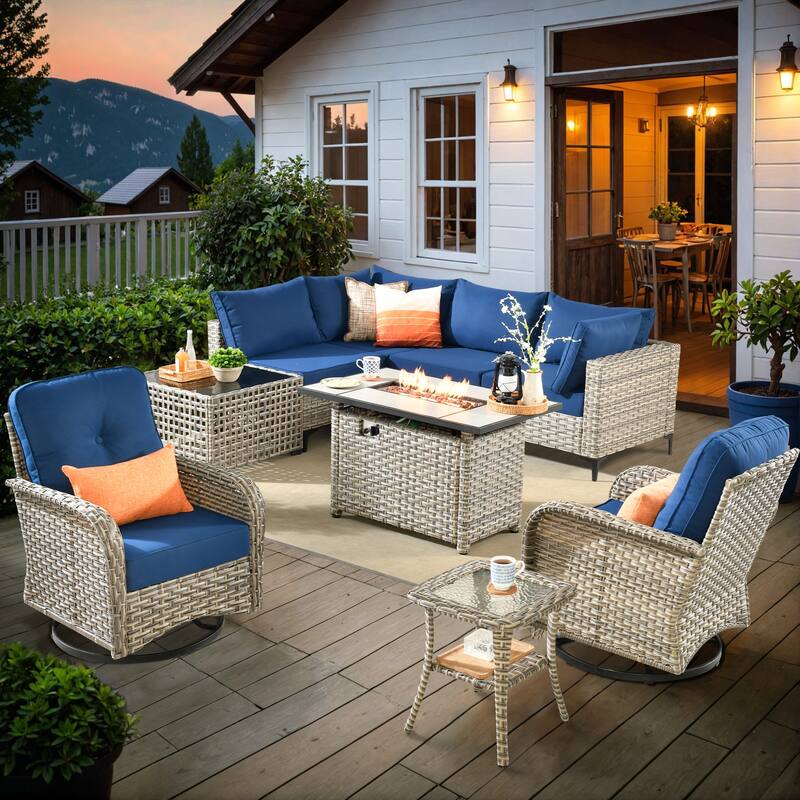 OVIOS 9 Pieces Outdoor Wicker Swivel Chair Set With Fire Table
