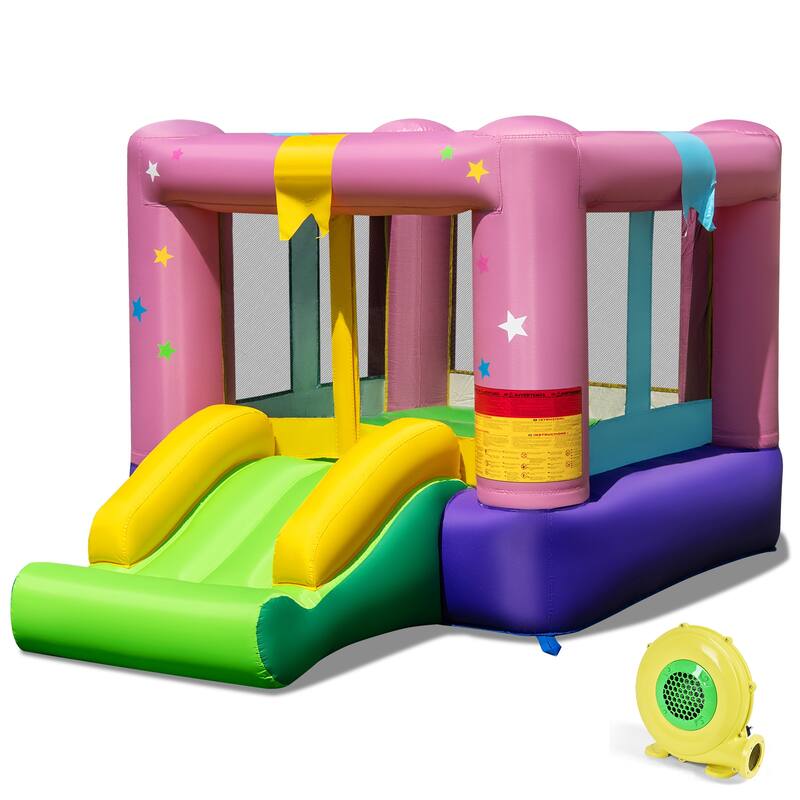 Gymax Inflatable Bounce House Bouncy Castle w/Slide & Basketball Rim - Multicolors - Multicolors - Kids