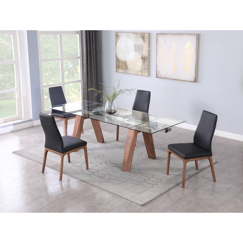 Somette Modern Dining Table with Extendable Glass Top & Solid Wood Legs