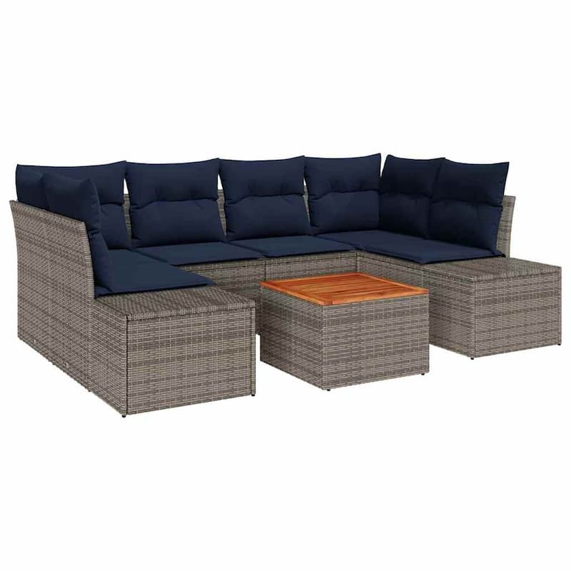 vidaXL 7 Garden Sofa Set with Cushions Black/Grey Poly Rattan - 92.1 x 60.6 x 27.2