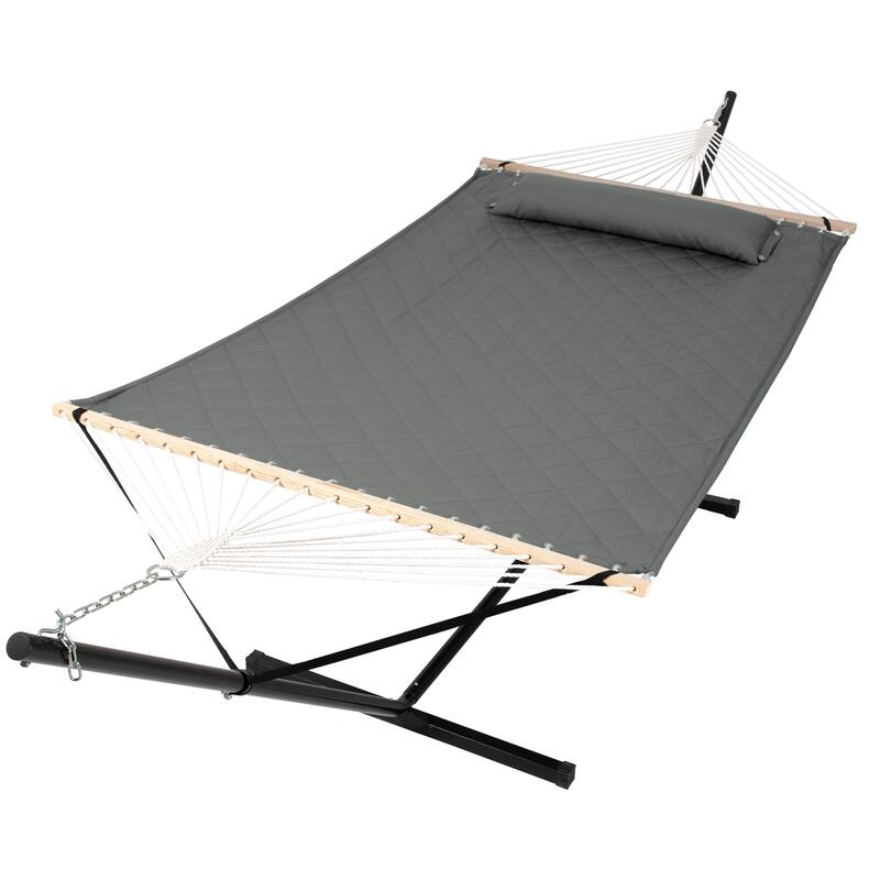Double Hammock with 12 Feet Heavy Duty Steel Stand Combo, 2 Person Quilted Fabric Hammocks with Stand,450 LBS Weight Capacity