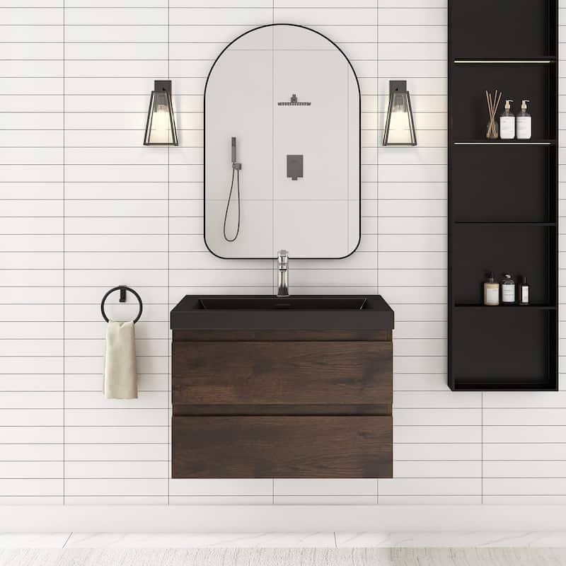 24/30/36 inch Wall-Mounted Bathroom Vanity Set in Rose Wood with Integrated Black Resin Sink
