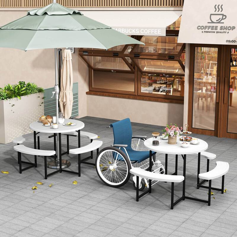 Round 37" Outdoor Dining Table Picnic Table Bench Set for 4-8 Person