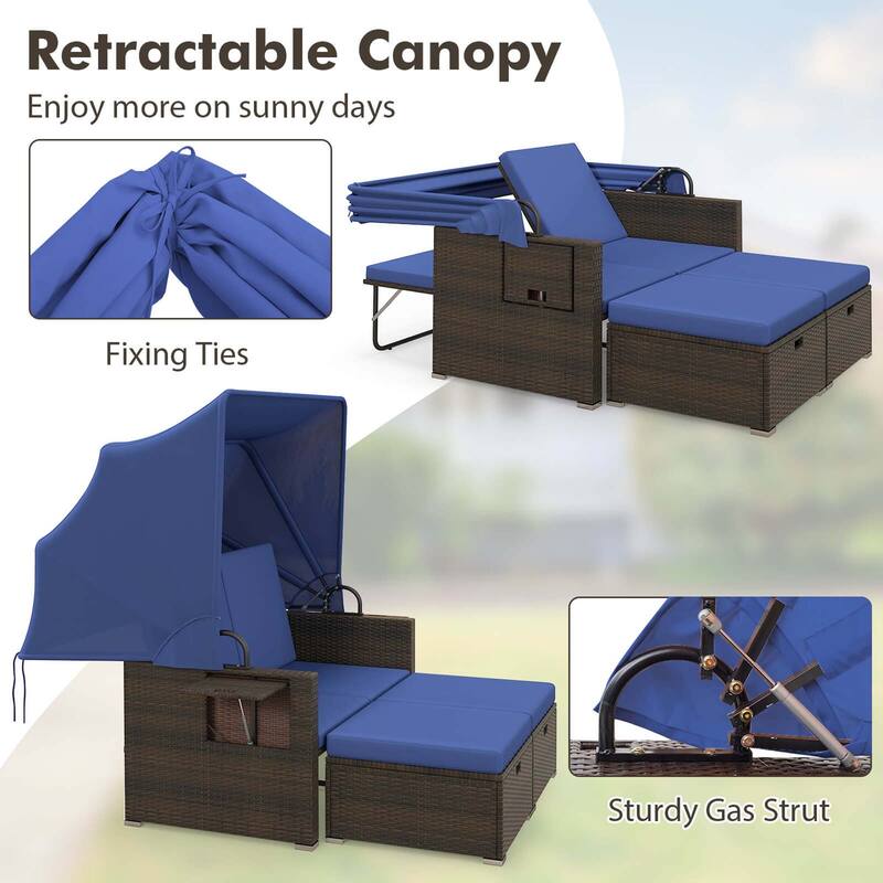 Gymax Rattan Daybed w/ Adjustable Backrests & Retractable Canopy for