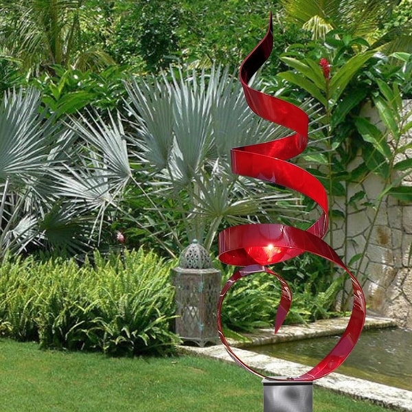 Statements2000 Large Abstract Metal Garden Sculpture Modern Yard Art Decor by Jon Allen - Red Sea Breeze with Silver Base