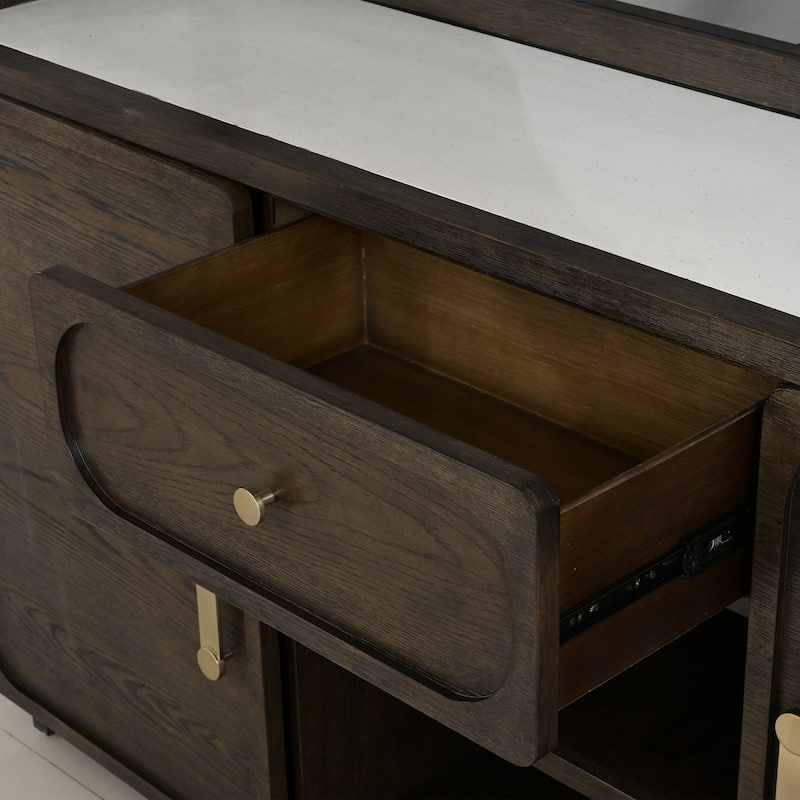 Furniture of America Laria Modern Farmhouse 2-Piece Quartz Stone Top Dark Walnut Wood Dining Hutch and Buffet Set