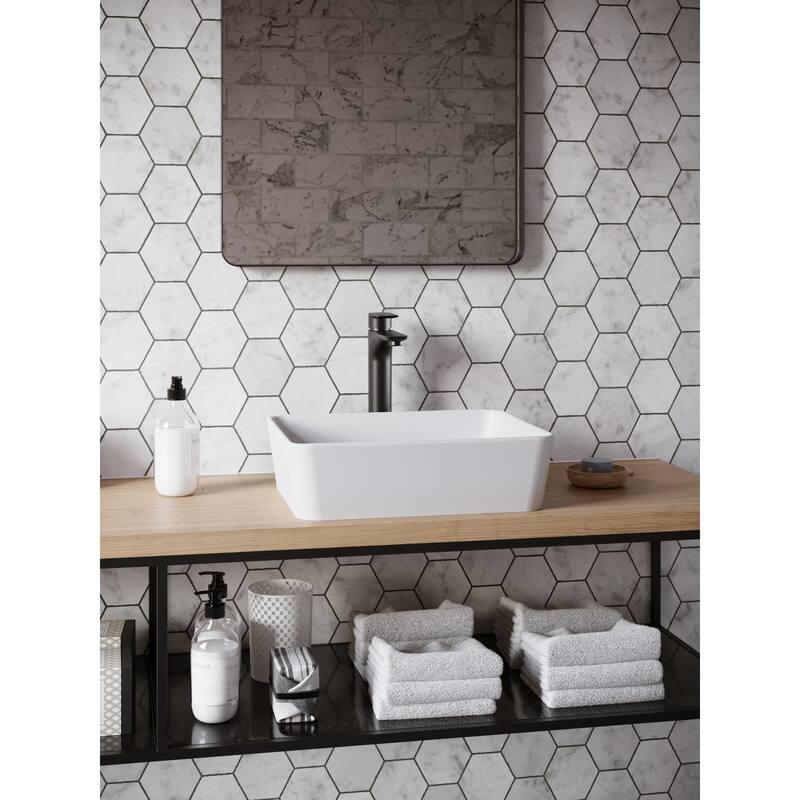 Karran Quattro Matte White Acrylic 18 in. Rectangular Bathroom Vessel Sink with Faucet and drain in Matte Black