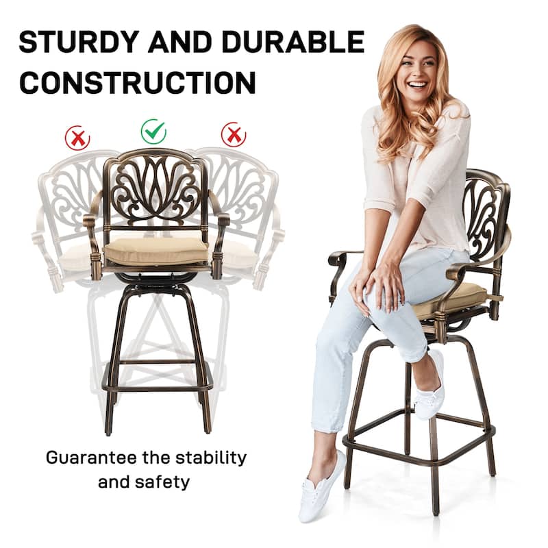 Set of 2 Aluminum Swivel Bar Stools with Thick Comfortable Cushions and Footrests for Patio or Porch - 25.2"D x 25.6"W x 51"H