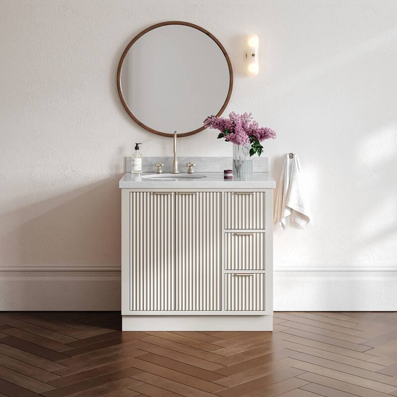 Ariel P37LCWOVO Milan 37" Free Standing Single Basin Vanity Set with - Warm White / Italian Carrara Marble Top / Brushed