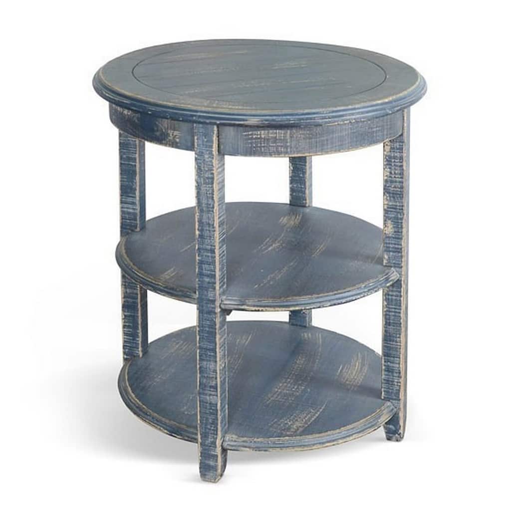 24 in. Ocean Blue Round Wood End Table, Sturdy Build End Side Table for Living Rooms