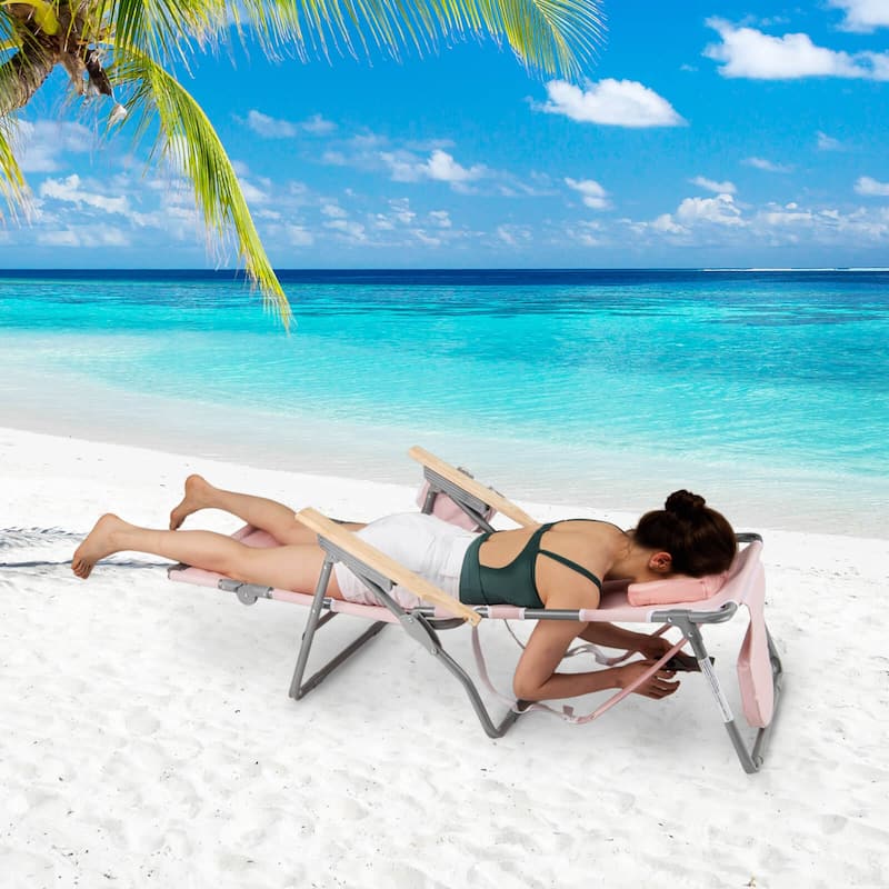 Costway 1/2 PCS 3-IN-1 Foldable Beach Chair with Face Hole, Footrest,