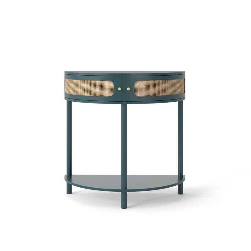 Unique Half Moon Design End Table with Sliding Rattan Door, Console Table with 2 Rattan Storage Cabinet and Bottom Shelf