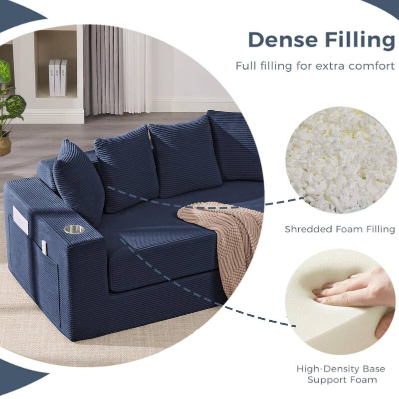 Convertible Corduroy Sleeper Loveseat Sofa Bed 3 Seater Floor Folding Couch with 5 Pillows, Cup Holders and Side Pockets