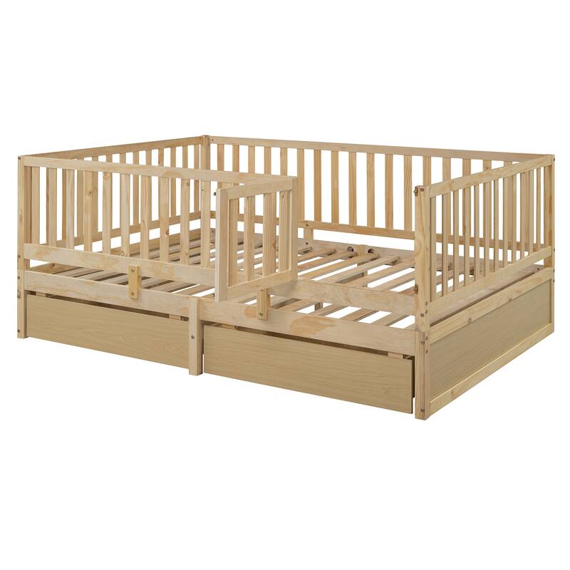 Full Size Wood Daybed with Fence Guardrails and 2 Drawers, Convertible to Floor Bed and Daybed, Natural Finish