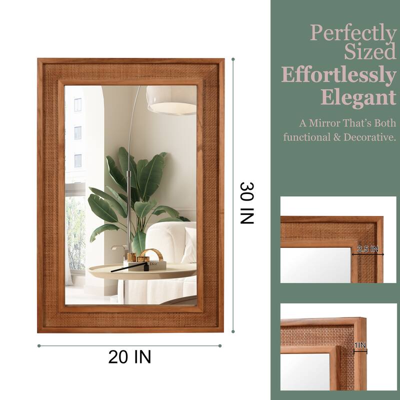 20"x30" Rattan Rectangle Solid Wood Frame Decorative Mirror,For Farmhouse,Bathroom,Home Decor,Entryway