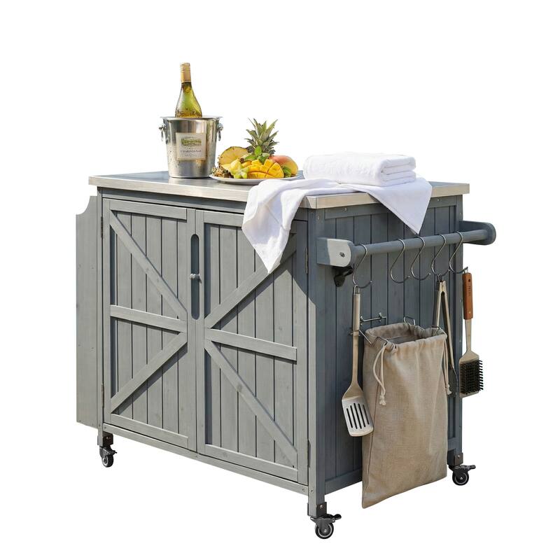 42.1" Outdoor Kitchen Island with Side Shelf, with Storage Cabinet, Outdoor Kitchen Cabinet, Adjustable Shelf and 4 Wheels