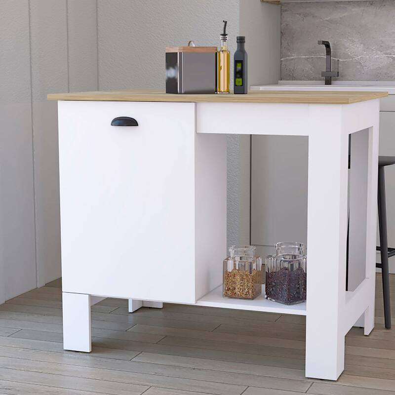 White/Macadamia Kitchen Island, 35" H, with Storage Cabinet and 3 Shelves for Kitchen Storage - White