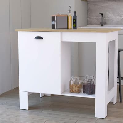 White/Macadamia Kitchen Island, 35" H, with Storage Cabinet and 3 Shelves for Kitchen Storage