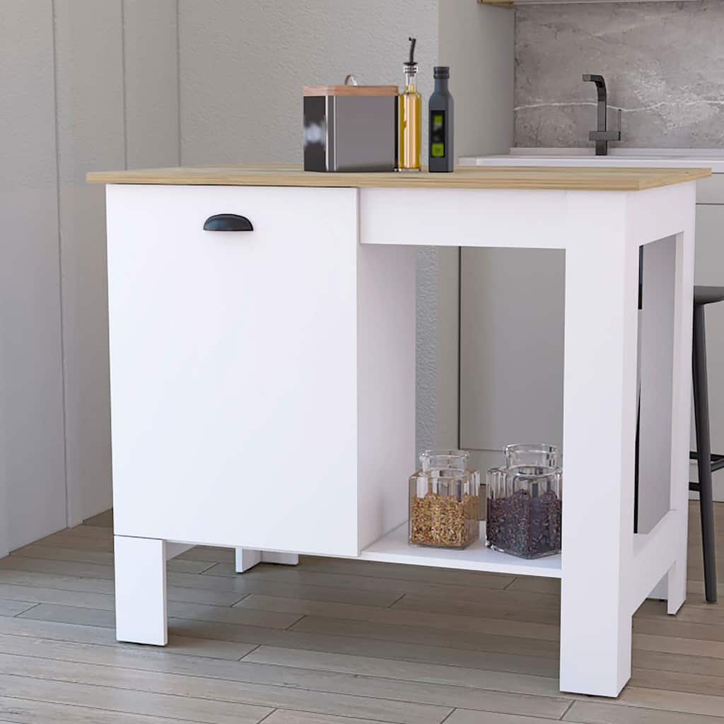 White/Macadamia Kitchen Island, 35" H, with Storage Cabinet and 3 Shelves for Kitchen Storage