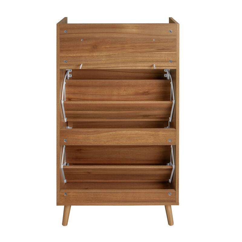 Entryway Shoe Storage Cabinet, Freestanding Rattan Shoe Rack, Shoe Organizer with 2 Flip Drawers & 1 Pull-Out drawer