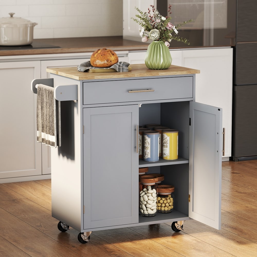 HOMCOM Kitchen Island Cart Rolling Trolley Cart with Drawer, Storage Cabinet & Towel Rack