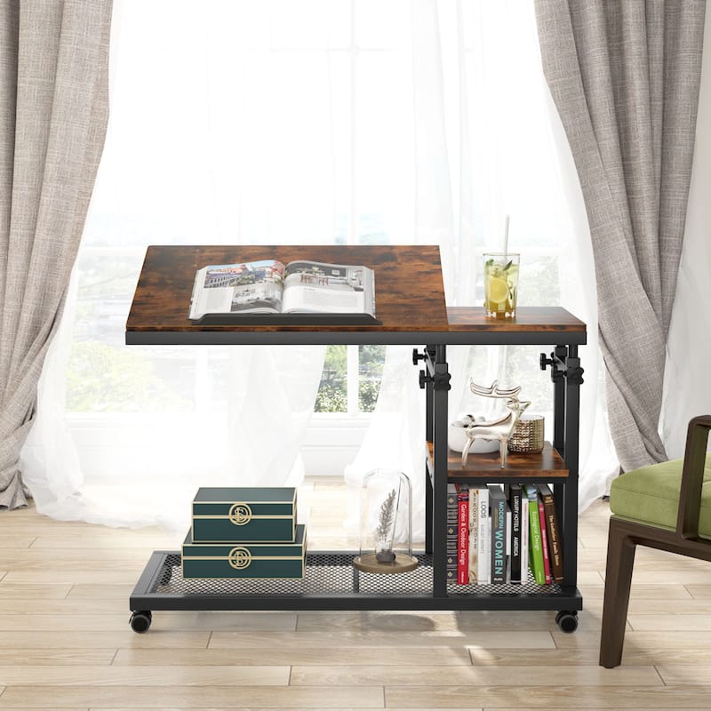 Height Adjustable C Table with Wheels, Laptop Table for Sofa Couch Bedside