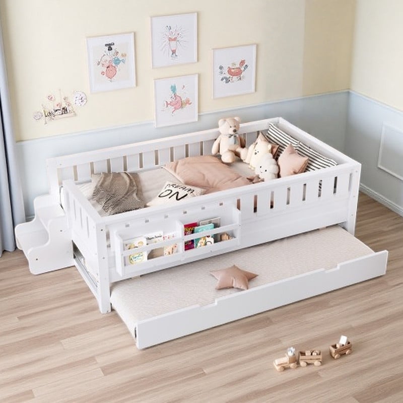 Kids Platform Bed Frame with Built-in Bookshelf, Compact Staircase Design & Pull-Out Trundle Bed, Safety Guardrails