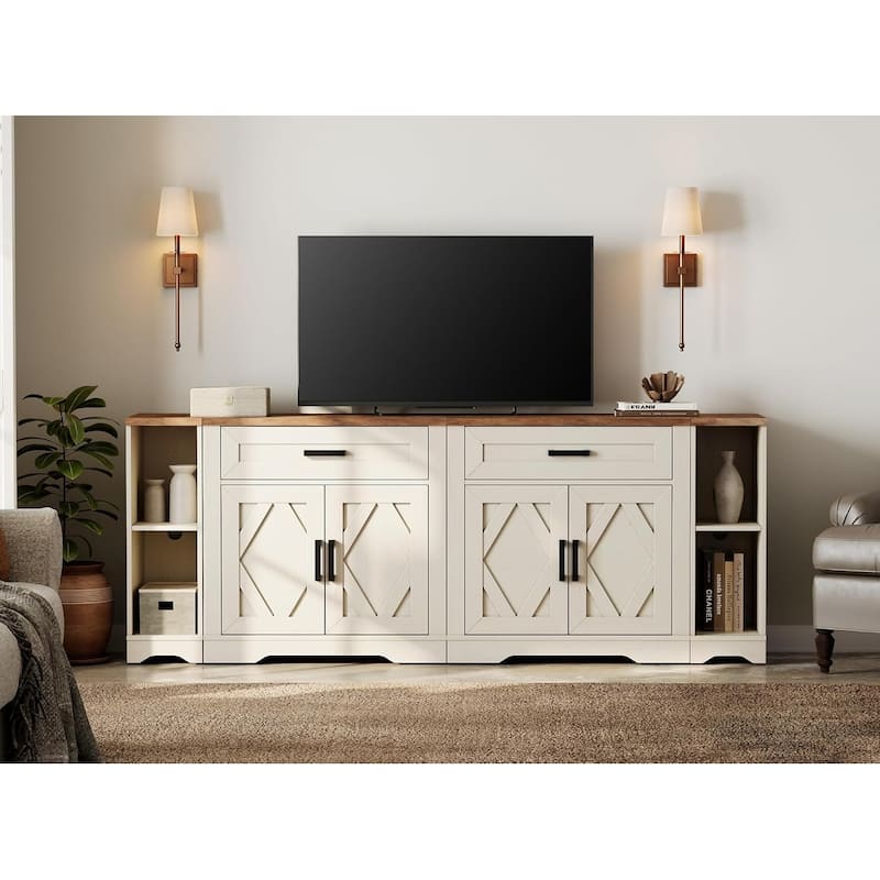 Farmhouse Entertainment Center with Storage Barn Door Cabinet for 50"-130" TVs - 82.7 inches in width - Antique White