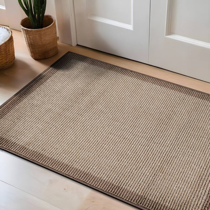 Modern Geometric Stripe Bordered Area Rug for Living Room, Bedroom, or Entryway - Low Pile Indoor Rug - Beige - 2' x 3'