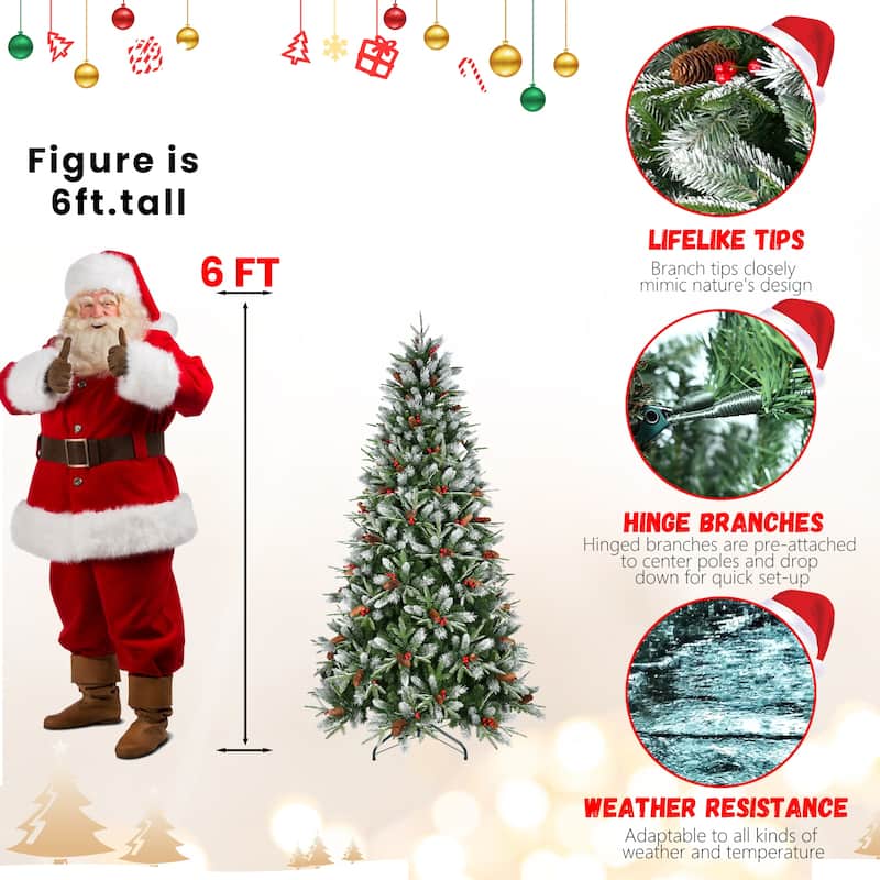Artificial Christmas Tree - Snow-Dusted PE+PVC Branches, Red Berries, Pine Cones, Hinged Design, Metal Stand - Green,White