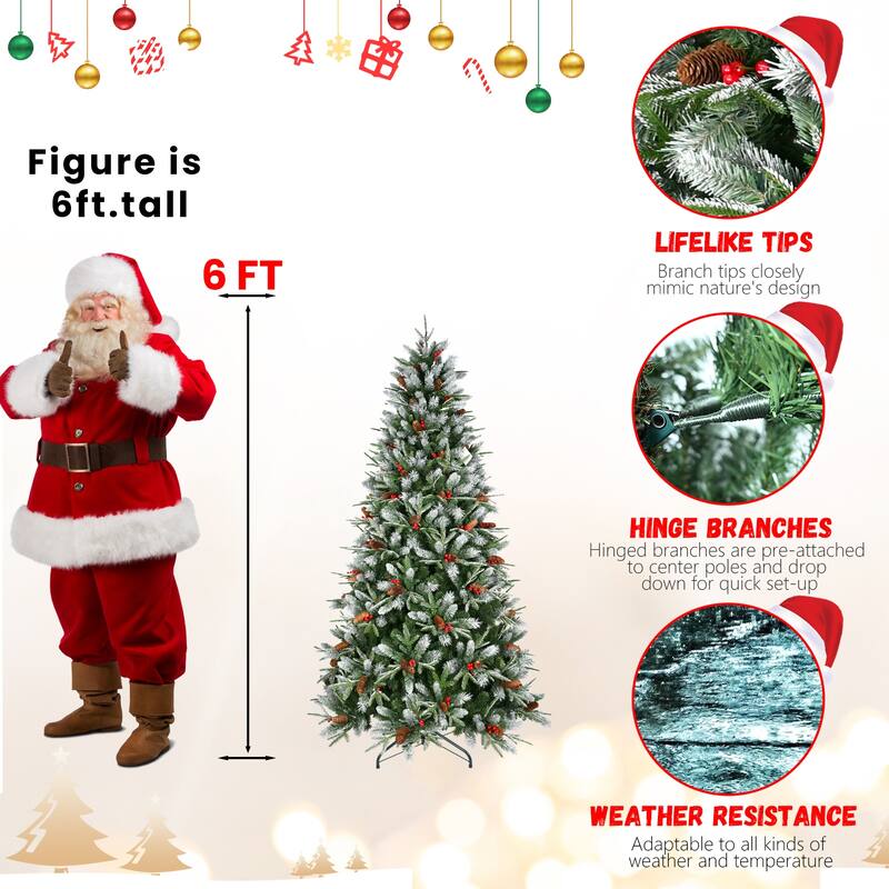 Artificial Christmas Tree - Snow-Dusted PE/PVC Branches, Red Berries, Pine Cones, Metal Stand - Green,White