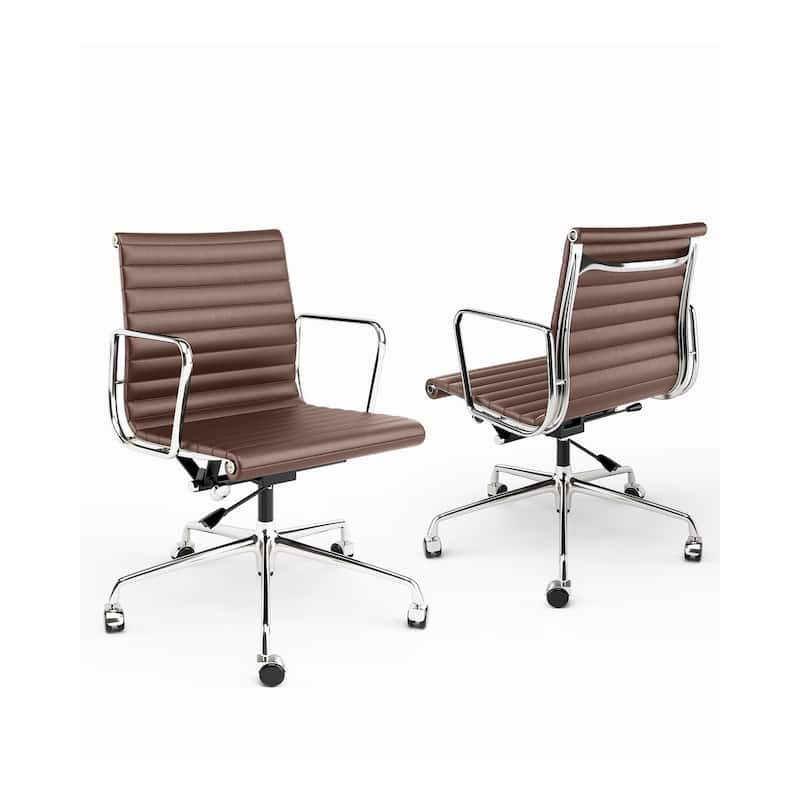 Low Back Genuine Leather Ergonomic Computer Ribbed Office Chair - N/A