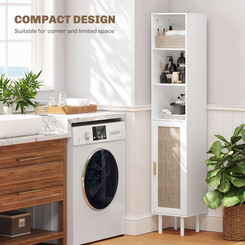 Rattan Bathroom Cabinet with Adjustable Shelf and Open Shelves - 12.6" W x 11.8" D x 66.9" H
