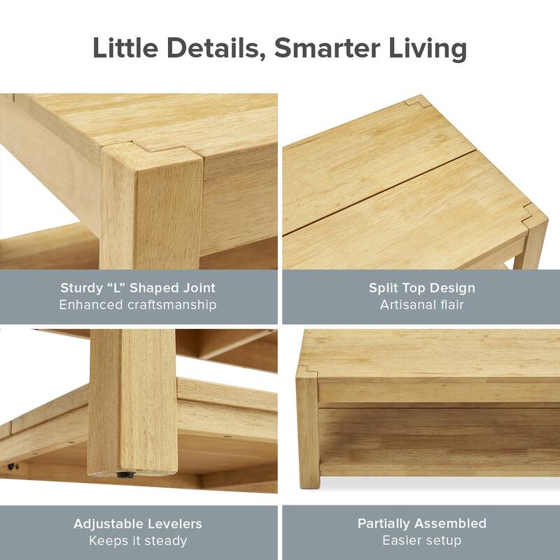 Mopio Logan Solid Wood 2-Tier Coffee Table, Modern Farmhouse Solid Rubberwood with light wire brush L Shaped Leg Joint