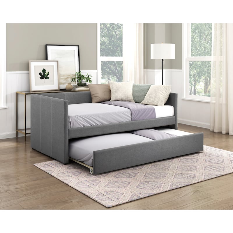 1pc Daybed with Trundle Beige Fabric Upholstery Wooden Frame - Grey