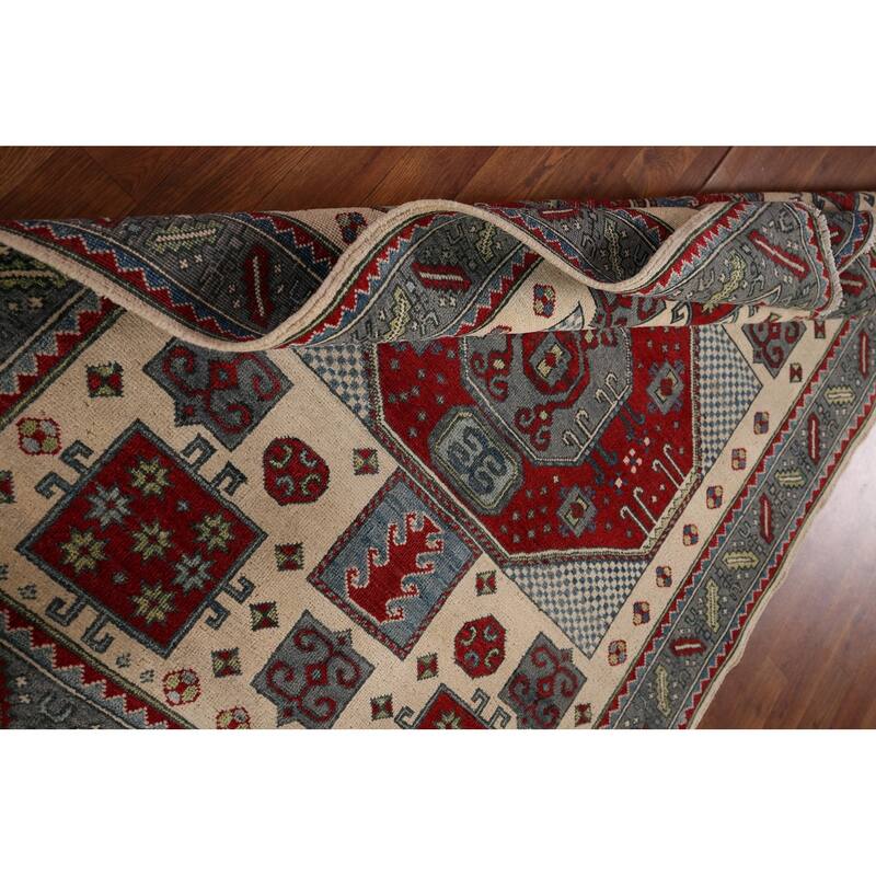 Kazak Oriental Area Rug Hand-Knotted Traditional Beige Wool Carpet - 4'2" x 5'7"