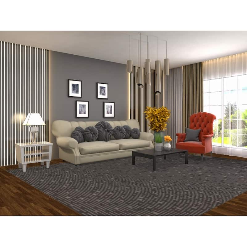 Striped Black Nepalese Indian Area Rug Hand-Knotted Wool Carpet - 9'0" x 11'8"