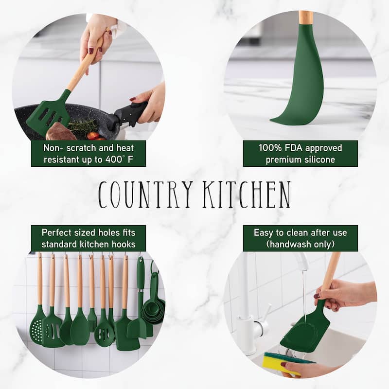 Country Kitchen Non Stick Silicone Utensil Set with Rounded Wood Handles for Cooking and Baking, 38 Piece Set
