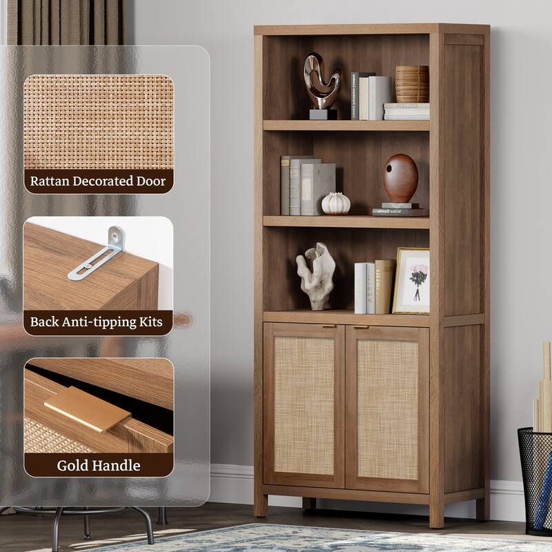 SICOTAS 5 Tier Adjustable Bookcase with Rattan Storage Cabinet